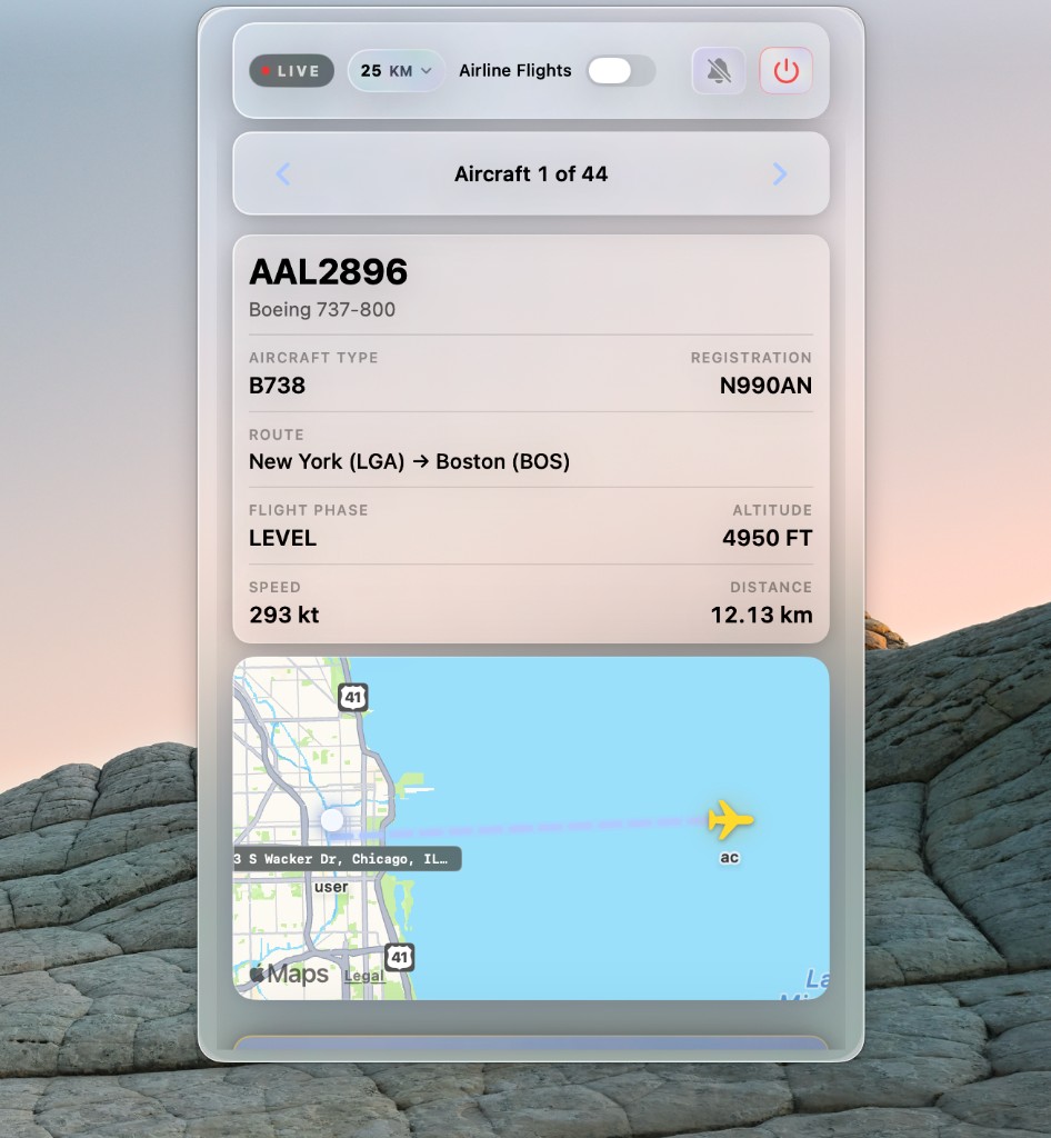 AboveMe app showing live flight data over a map in a frosted glass window